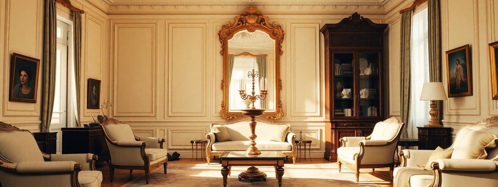 Salon d'apparat garni de mobilier d'époque, miroir et candélabres