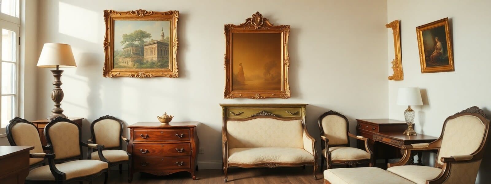 Commode ancienne, sièges tapissés et tableaux réunis pour une vente